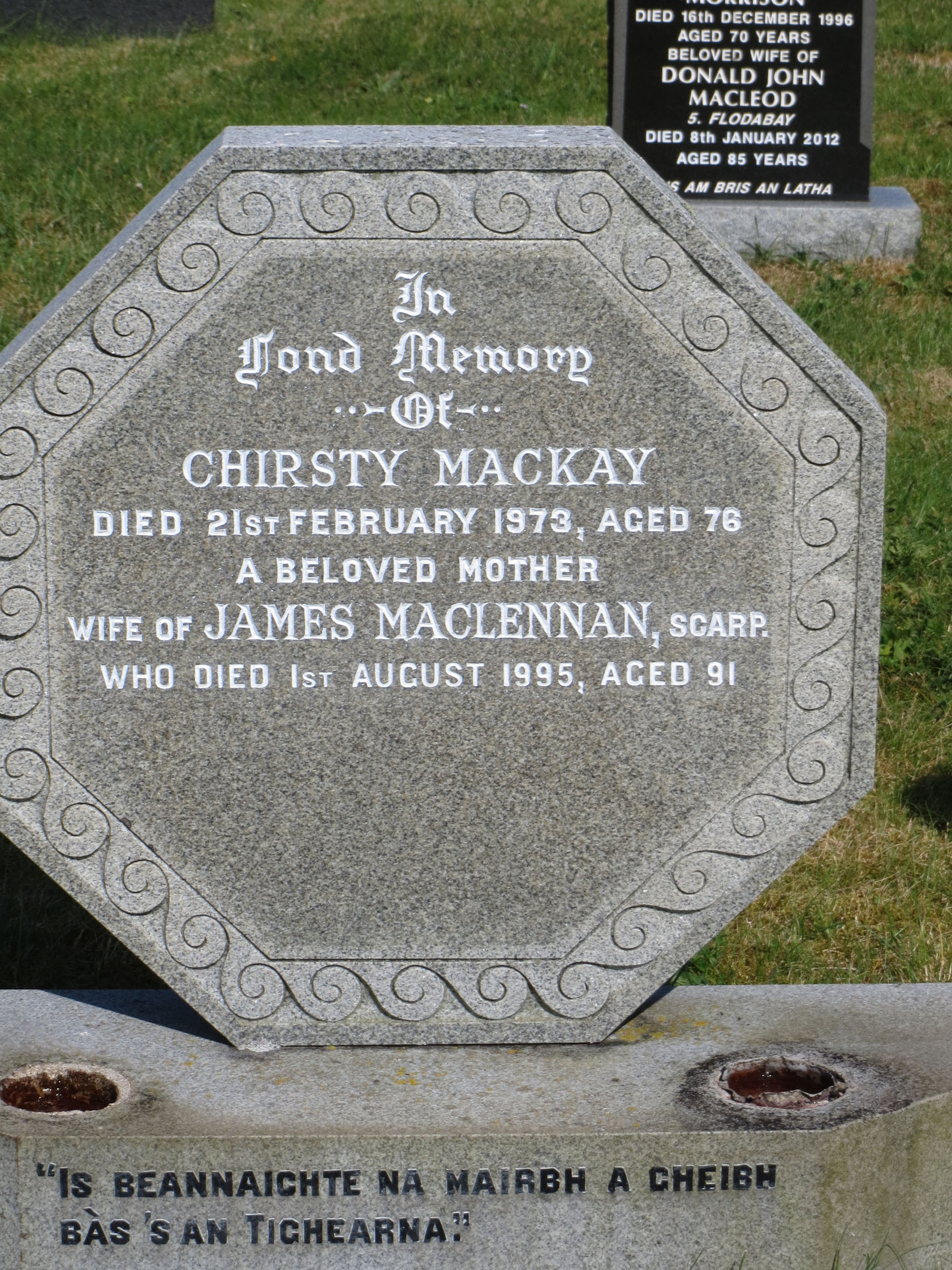 Photo of headstones/James MacLennan d 1995 MI Luskentyre old, Harris